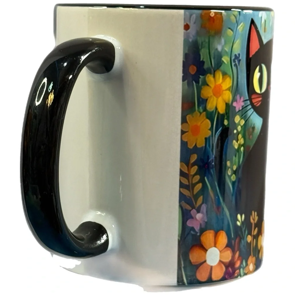 Cute Black Cat Floral Mug - Whimsical Garden Ceramic Cup - DiyTree - Fantasy Art - Picture 4 of 7